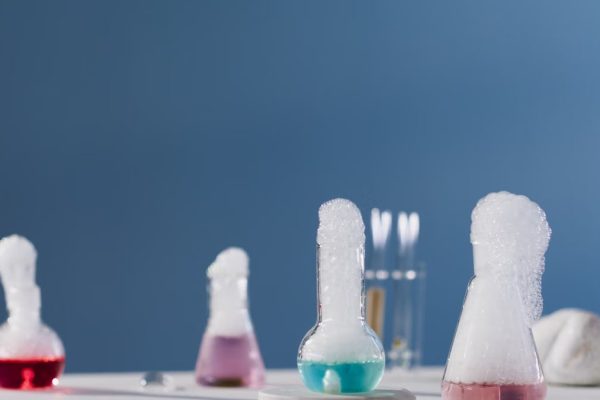 Vibrant chemical reactions in flasks with bubbles in a lab setting.